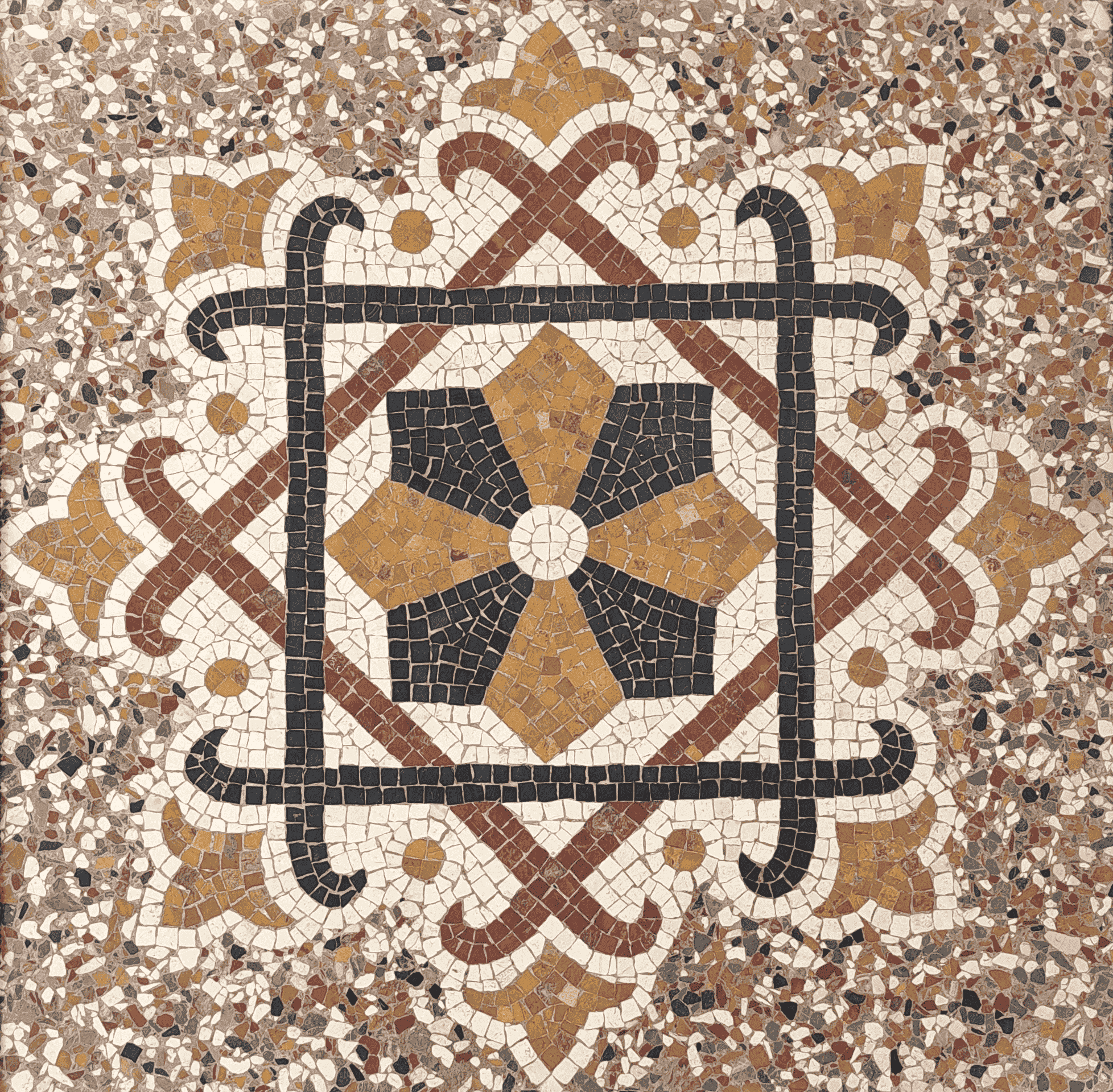 Der echte Terrazzoboden im Eingangsbereich der Zahnarztpraxis Castell: eine Mosaikrosette in Bordeauxrot, Blaugrau und Goldgelb, umgeben von goldenen Lilien im Sternenformat